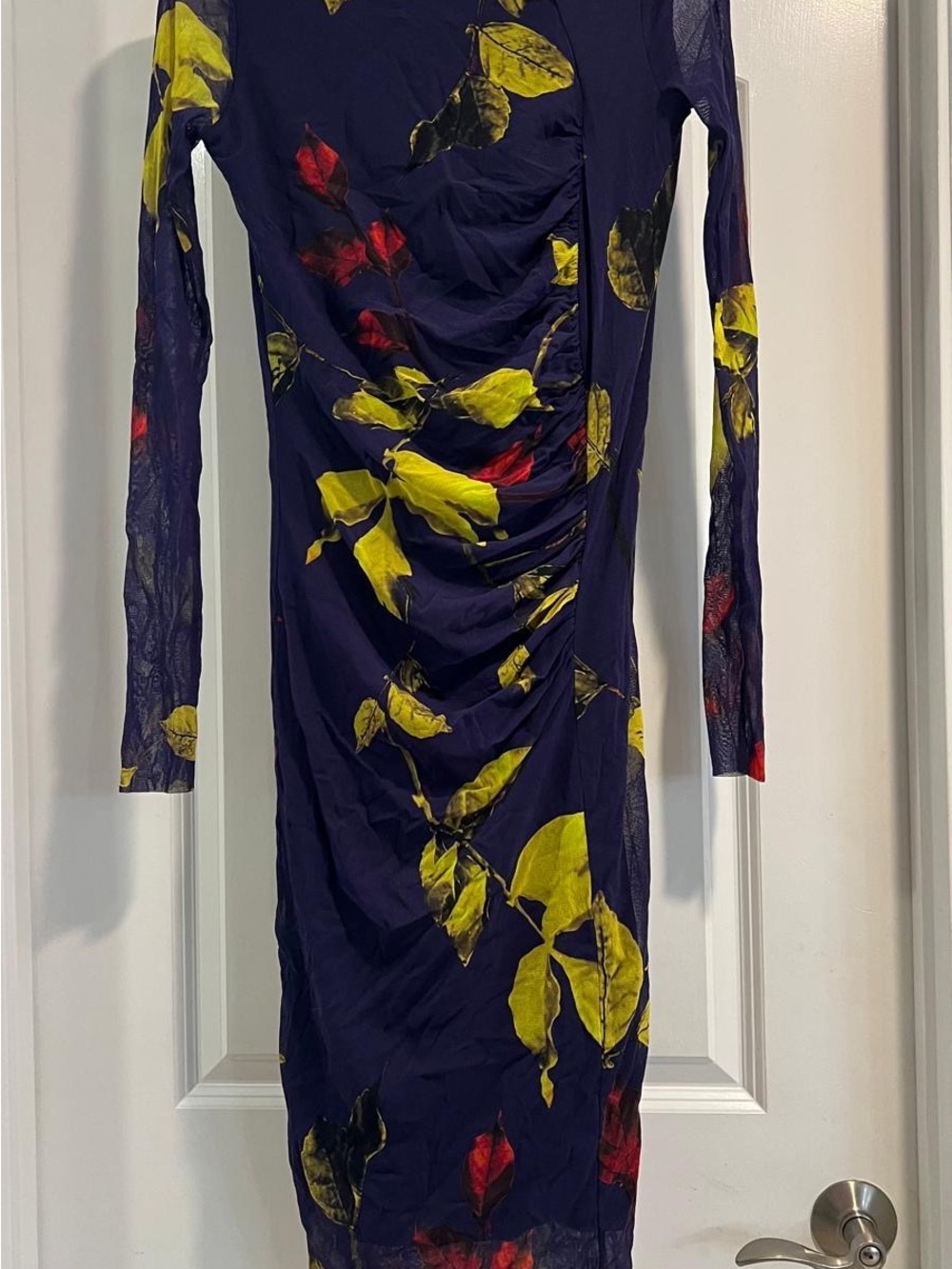 Navy Long-Sleeve Floral Ruched Midi Dress